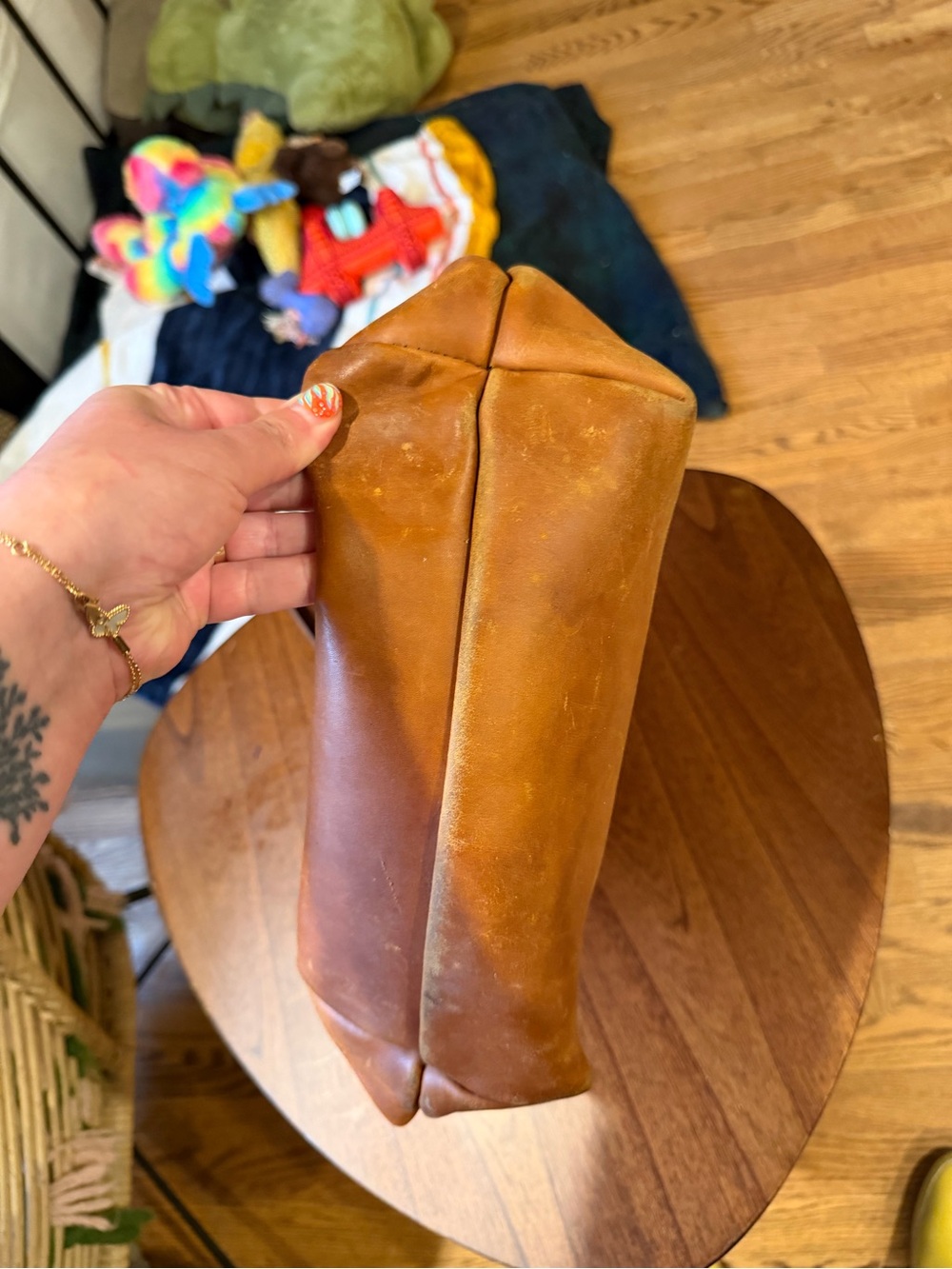 As Is Portland Leather Cognac Brown Leather Tote with Dark Brown Handles - Picture 3 of 6